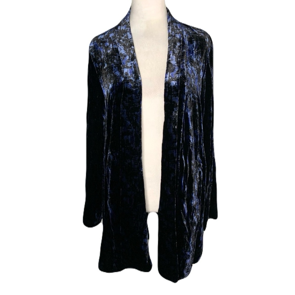 Eileen Fisher Women’s Medium Black & Blue Velvet Silk Rayon Open Front Cardigan